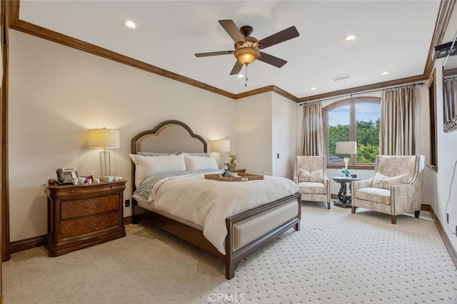 bedroom with baseboards, ornamental molding, light carpet, and visible vents