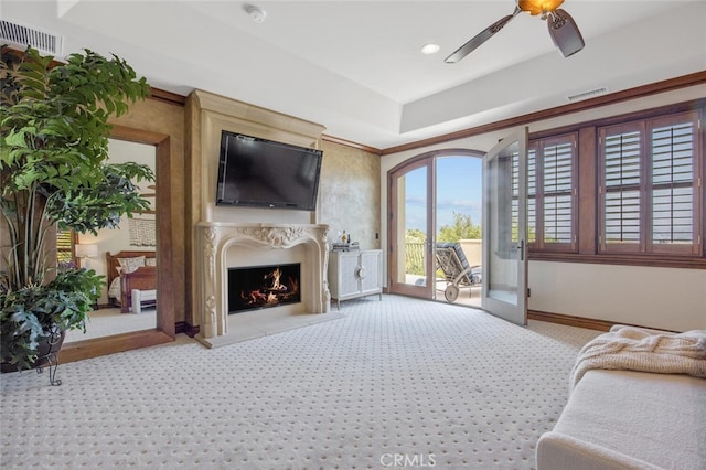 bedroom featuring carpet floors, baseboards, visible vents, and access to exterior