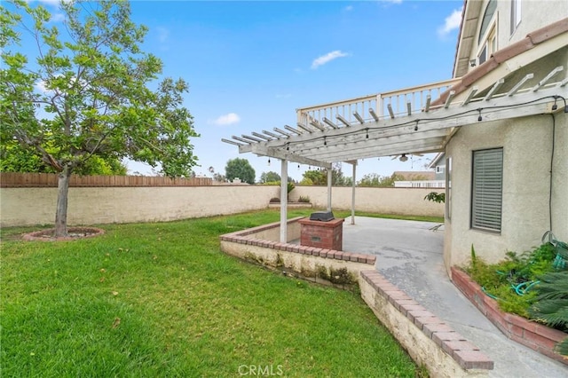 view of yard featuring a patio, a fenced backyard, and a pergola
