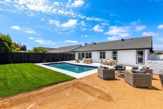 24531 Bunbury Dr, Lake Forest, CA 92630 - view of pool featuring an outdoor living space with a fire pit, a fenced backyard, a fenced in pool, a patio area, and a lawn