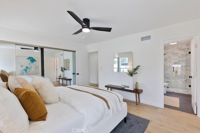 24531 Bunbury Dr, Lake Forest, CA 92630 - bedroom featuring ceiling fan, light wood-style floors, ensuite bathroom, visible vents, and a closet