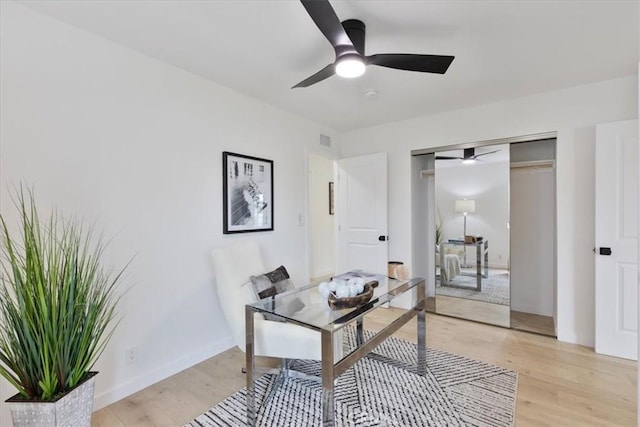 24531 Bunbury Dr, Lake Forest, CA 92630 - home office featuring ceiling fan, visible vents, baseboards, and light wood-type flooring