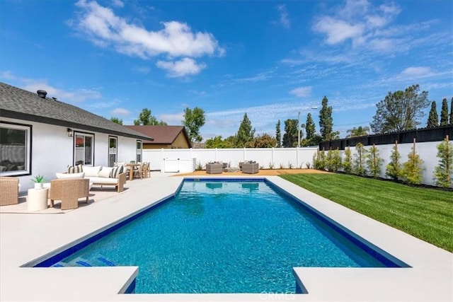 24531 Bunbury Dr, Lake Forest, CA 92630 - view of pool with a patio area, a fenced in pool, a fenced backyard, a yard, and outdoor lounge area