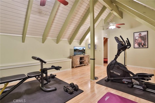 27720 St Bernard Ln, Lake Arrowhead, CA 92352 - exercise area featuring a ceiling fan, wood finished floors, wooden ceiling, baseboards, and lofted ceiling