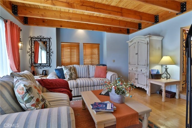27720 St Bernard Ln, Lake Arrowhead, CA 92352 - living area featuring wood ceiling, beamed ceiling, and light wood-style flooring