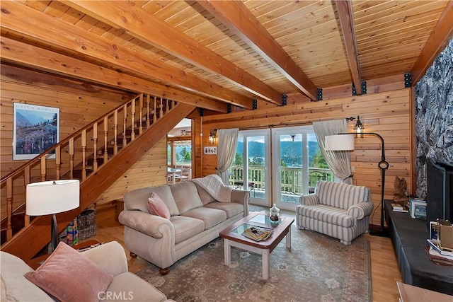 27720 St Bernard Ln, Lake Arrowhead, CA 92352 - living room with stairs, wood walls, wooden ceiling, and wood finished floors
