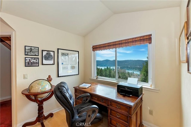 27720 St Bernard Ln, Lake Arrowhead, CA 92352 - office space featuring baseboards, a mountain view, wood finished floors, and lofted ceiling