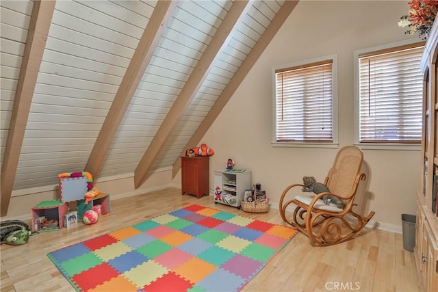 27720 St Bernard Ln, Lake Arrowhead, CA 92352 - playroom with baseboards, lofted ceiling with beams, wood ceiling, and light wood finished floors