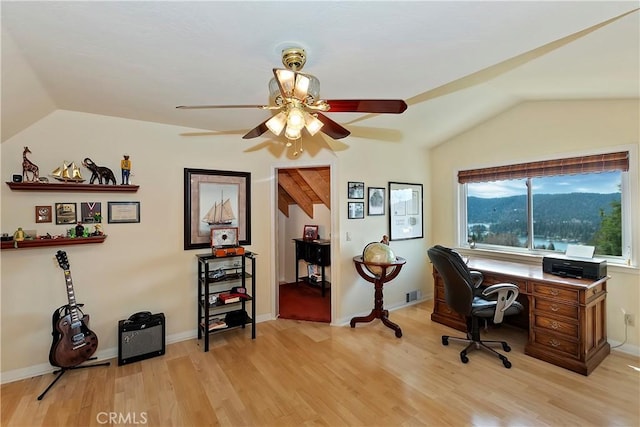 27720 St Bernard Ln, Lake Arrowhead, CA 92352 - office space featuring ceiling fan, visible vents, light wood finished floors, and lofted ceiling