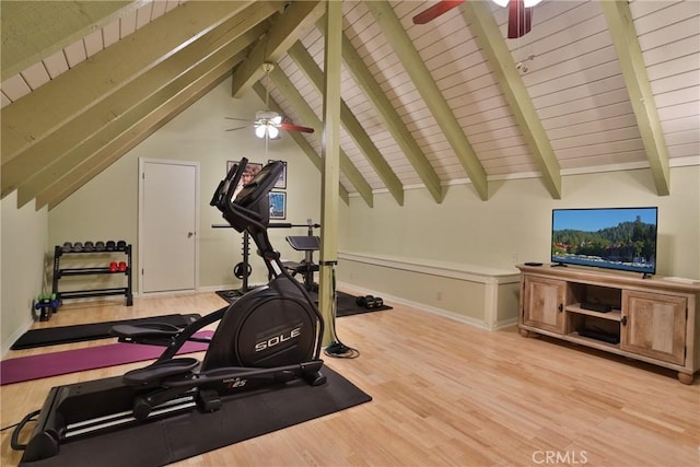 27720 St Bernard Ln, Lake Arrowhead, CA 92352 - exercise area featuring baseboards, ceiling fan, vaulted ceiling, and wood finished floors