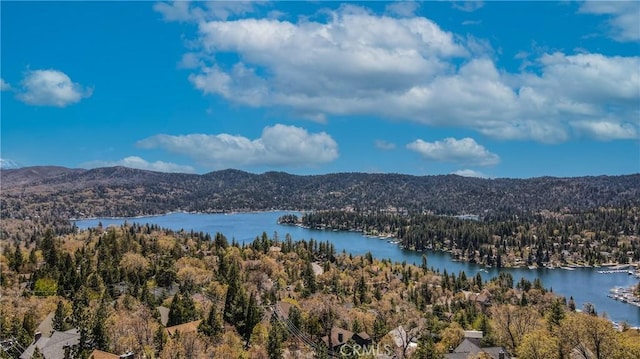 27720 St Bernard Ln, Lake Arrowhead, CA 92352 - drone / aerial view with a wooded view and a water and mountain view