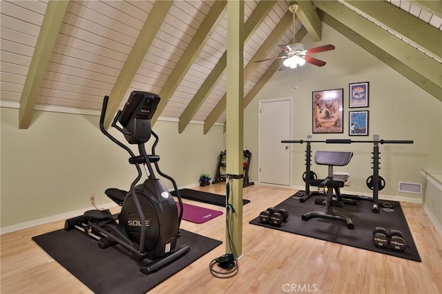 27720 St Bernard Ln, Lake Arrowhead, CA 92352 - exercise area featuring a ceiling fan, visible vents, wood finished floors, baseboards, and lofted ceiling