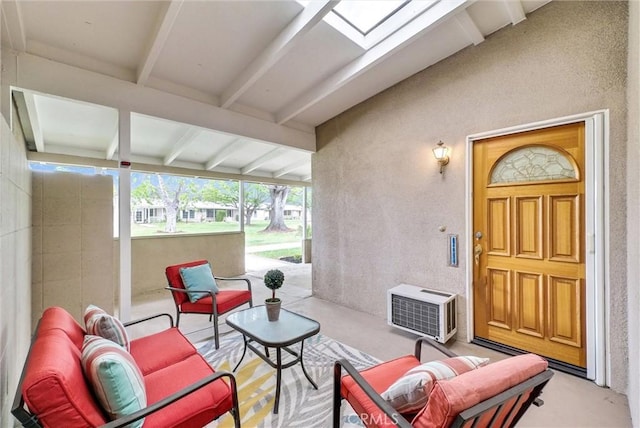 exterior space featuring heating unit and beamed ceiling