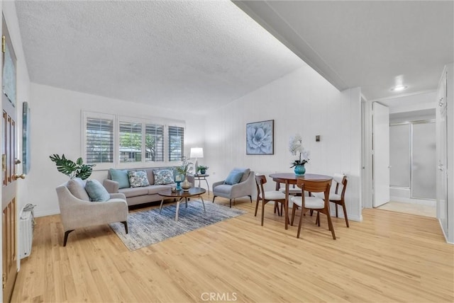 living area with a textured ceiling, baseboards, and light wood finished floors