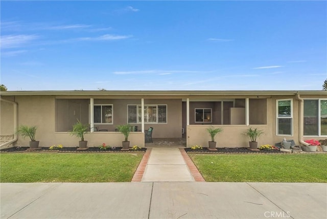 ranch-style house featuring a front lawn and stucco siding