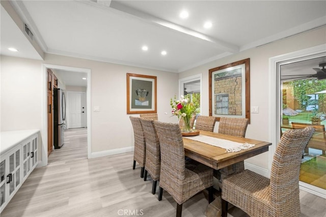dining area with recessed lighting, baseboards, visible vents, and light wood-type flooring