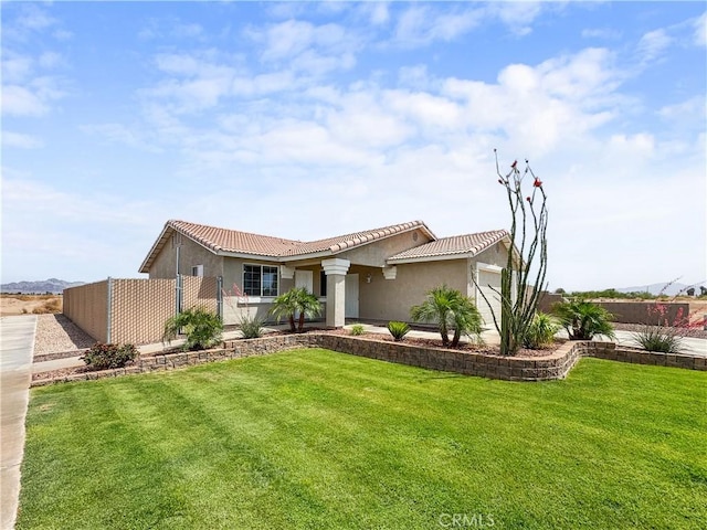 509 Kristi Ln, Blythe, CA 92225 - view of front of house with a garage, stucco siding, a tiled roof, and fence