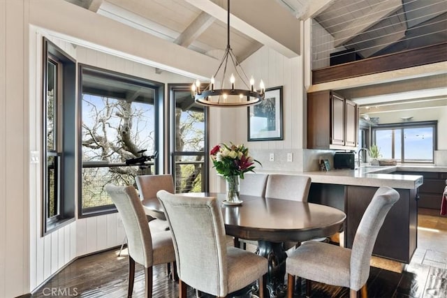 30140 Tuttle Ct, Tehachapi, CA 93561 - dining room featuring wooden walls, lofted ceiling with beams, dark wood finished floors, and a chandelier