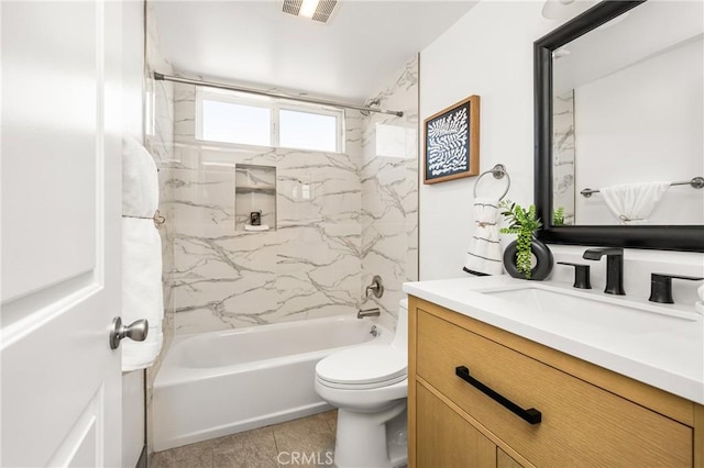 bathroom with visible vents, vanity, tile patterned floors, toilet, and washtub / shower combination