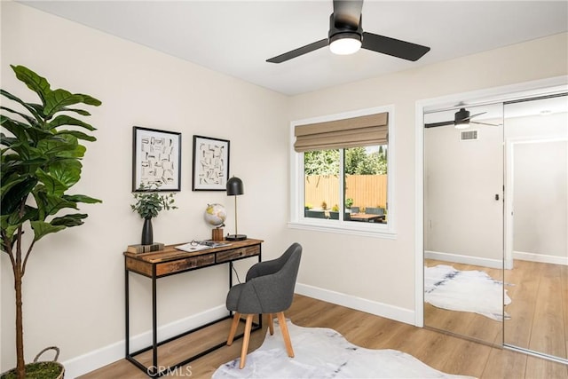 home office featuring visible vents, light wood finished floors, and ceiling fan