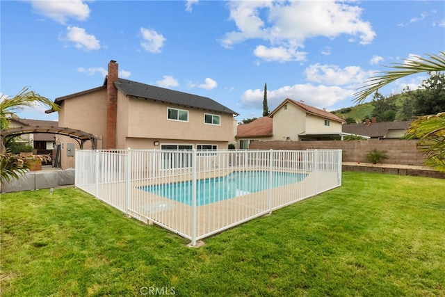 view of pool with a fenced in pool, a fenced backyard, a yard, and a pergola