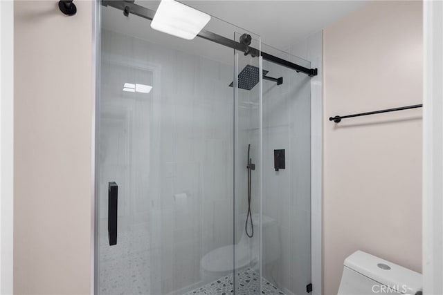 bathroom with toilet and a stall shower