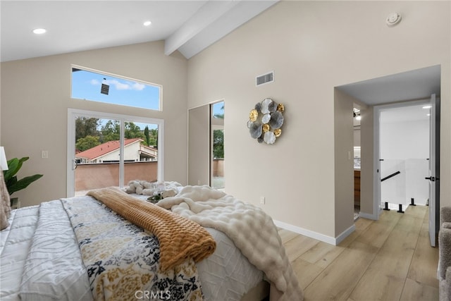 bedroom with visible vents, baseboards, high vaulted ceiling, access to outside, and light wood-style flooring