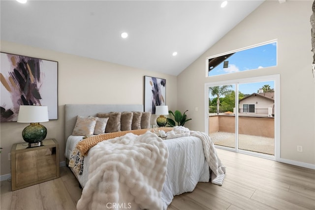 bedroom with access to exterior, high vaulted ceiling, baseboards, light wood-style floors, and recessed lighting