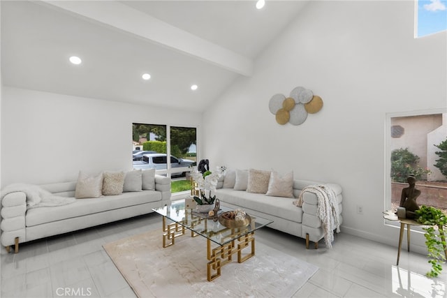 living area featuring beamed ceiling, recessed lighting, and high vaulted ceiling