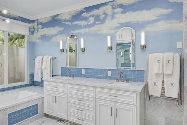 5594 Avenida Sosiega W Unit B, Laguna Woods, CA 92637 - full bath with a sink, a bath, crown molding, and double vanity