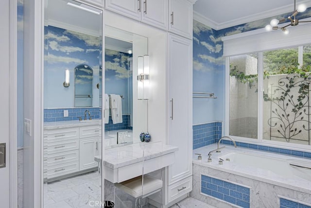 5594 Avenida Sosiega W Unit B, Laguna Woods, CA 92637 - full bathroom featuring crown molding, vanity, marble finish floor, tasteful backsplash, and a bath