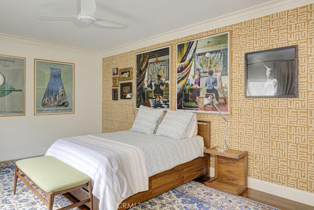 5594 Avenida Sosiega W Unit B, Laguna Woods, CA 92637 - bedroom featuring ceiling fan, baseboards, wallpapered walls, wood finished floors, and ornamental molding