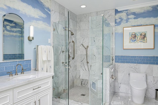 5594 Avenida Sosiega W Unit B, Laguna Woods, CA 92637 - full bathroom with tile walls, vanity, toilet, a marble finish shower, and recessed lighting