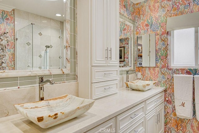 5594 Avenida Sosiega W Unit B, Laguna Woods, CA 92637 - full bathroom featuring vanity, a stall shower, and wallpapered walls