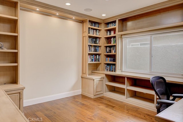 5594 Avenida Sosiega W Unit B, Laguna Woods, CA 92637 - office with crown molding, baseboards, recessed lighting, built in shelves, and light wood finished floors
