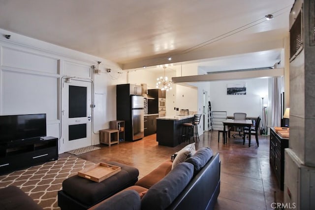 215 W 7th St Unit 803, Los Angeles, CA 90014 - living area with a chandelier and finished concrete flooring