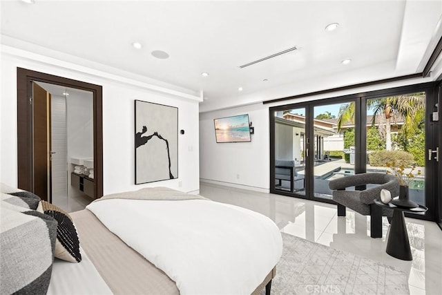 bedroom with baseboards, access to outside, recessed lighting, french doors, and light tile patterned floors