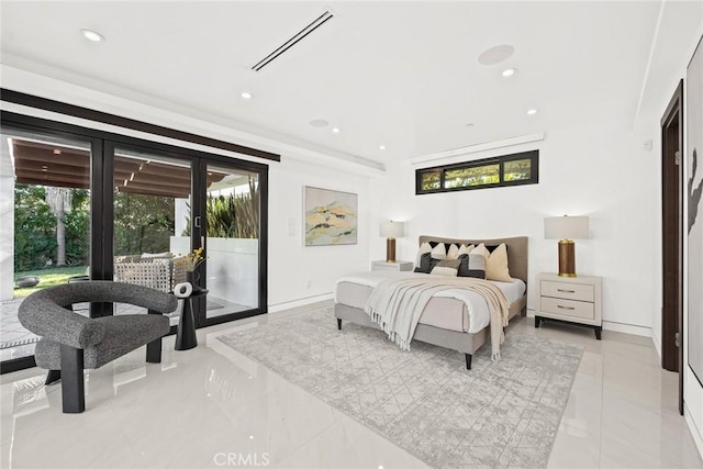 bedroom with recessed lighting, baseboards, visible vents, and access to exterior