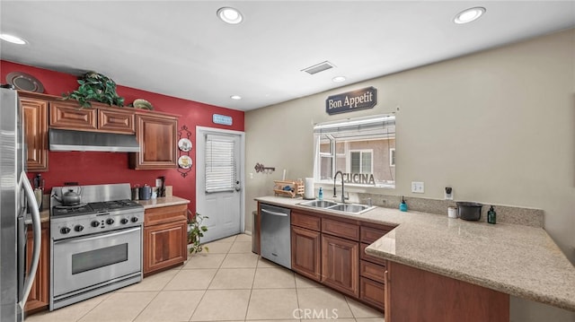 6048 Fidler Ave, Lakewood, CA 90712 - kitchen featuring stainless steel appliances, a sink, under cabinet range hood, a peninsula, and recessed lighting