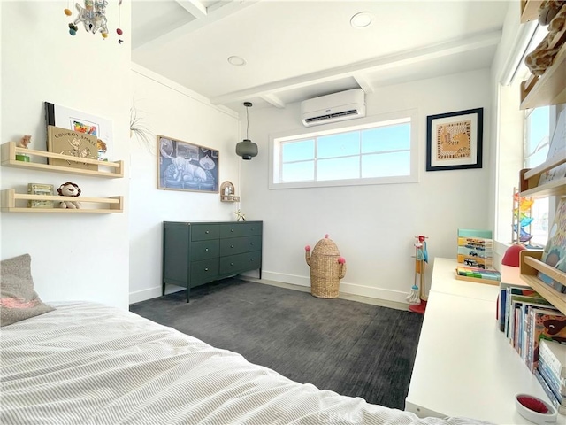 bedroom featuring beam ceiling, a wall mounted air conditioner, recessed lighting, baseboards, and dark wood-style floors