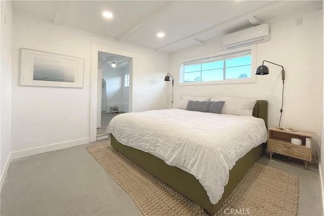 bedroom featuring beam ceiling, baseboards, an AC wall unit, recessed lighting, and concrete floors
