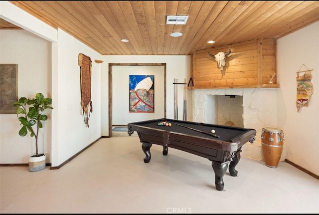 rec room featuring visible vents, baseboards, recessed lighting, wood ceiling, and billiards