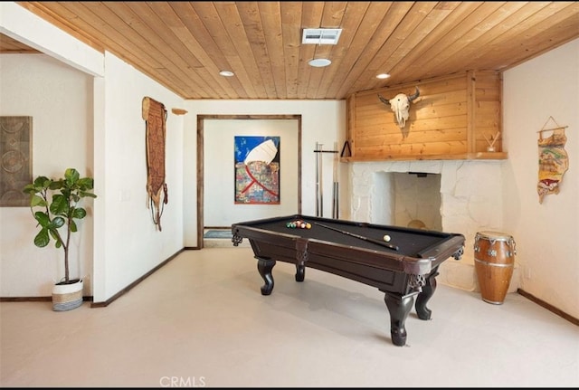 3484 El Dorado Rd, Yucca Valley, CA 92284 - playroom featuring wooden ceiling, pool table, baseboards, recessed lighting, and finished concrete flooring
