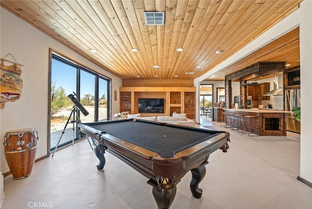 rec room with recessed lighting, billiards, and wooden ceiling