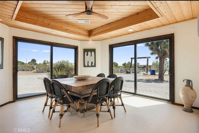 3484 El Dorado Rd, Yucca Valley, CA 92284 - dining space featuring wooden ceiling, a raised ceiling, and a ceiling fan