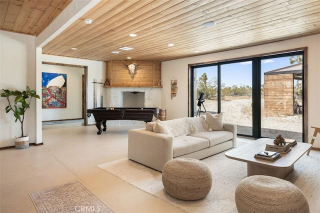 living area featuring recessed lighting, pool table, wood ceiling, and finished concrete floors