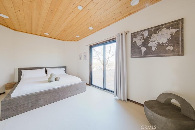 bedroom featuring recessed lighting, wooden ceiling, and access to exterior
