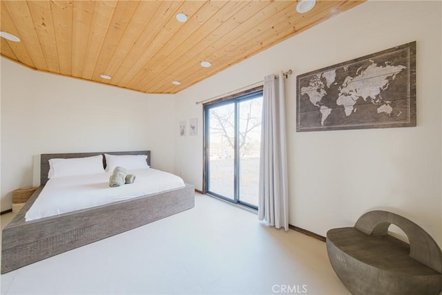 3484 El Dorado Rd, Yucca Valley, CA 92284 - bedroom featuring wooden ceiling, access to outside, recessed lighting, and concrete flooring