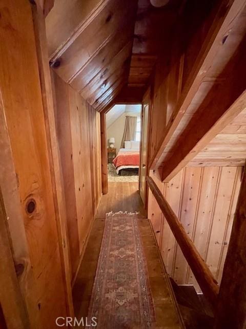38784 Aspen Ln, Mineral, CA 96063 - hall featuring vaulted ceiling and wood walls