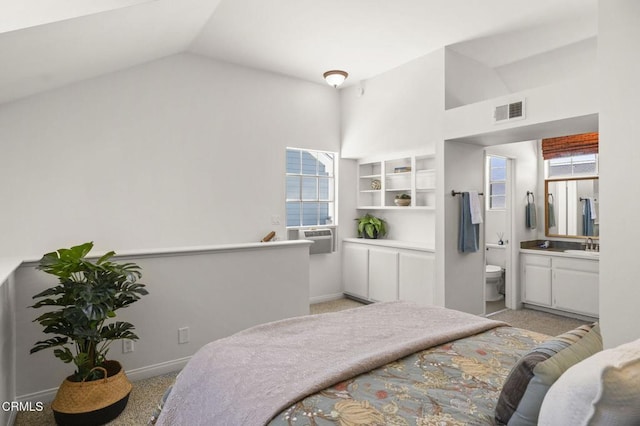 bedroom featuring baseboards, light carpet, cooling unit, and visible vents